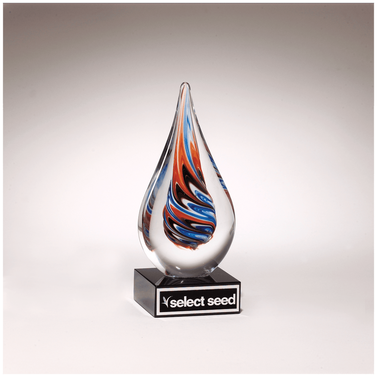 7 1/2" Teardrop Art Glass on Black Glass Base with Black Laserable Aluminum Plate
