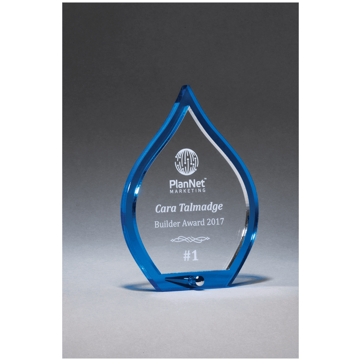 4 1/2" x 6 1/4" Blue Flame Acrylic with Clear Pop-Out Center and Silver Metal Post