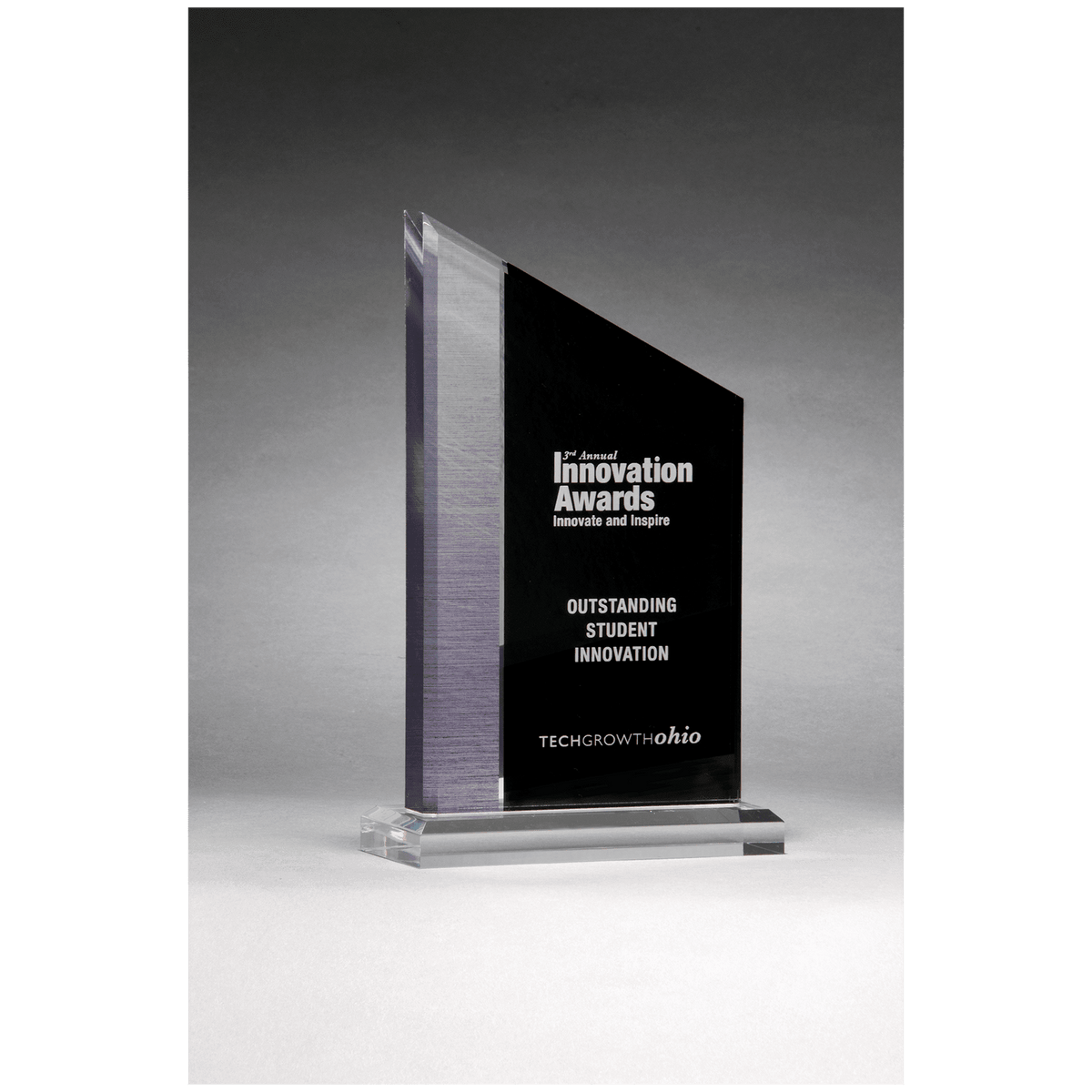 6" x 9" Digitally Printed Brushed Silver Accent on Black Upright Acrylic with Clear Base