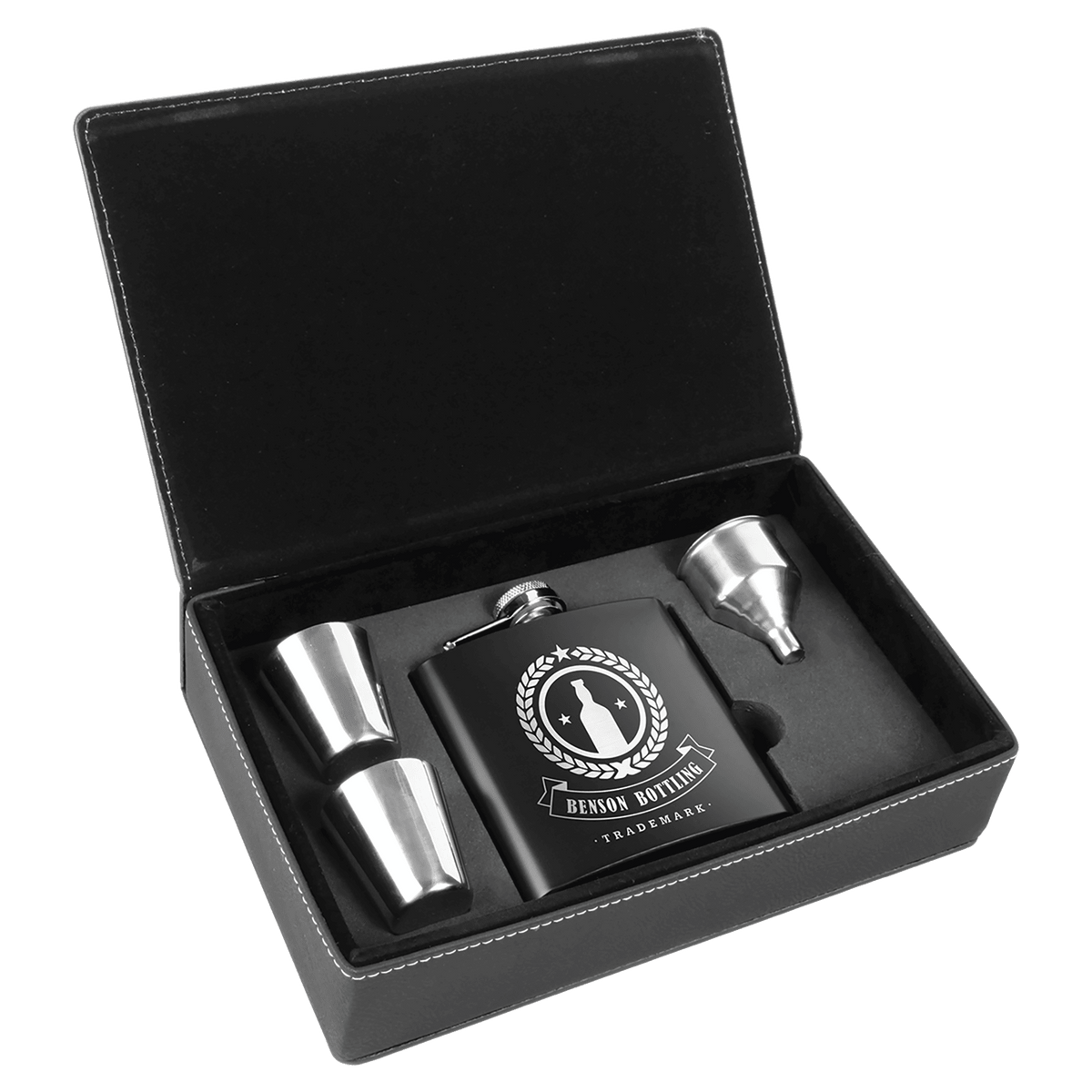 Black Stainless Steel Black Silver 6 oz. Laserable Leatherette Box