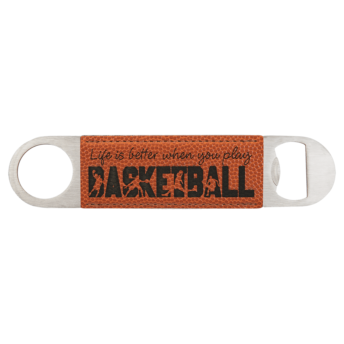 Basketball 1 1/2" x 7" Laserable Leatherette Bottle Opener