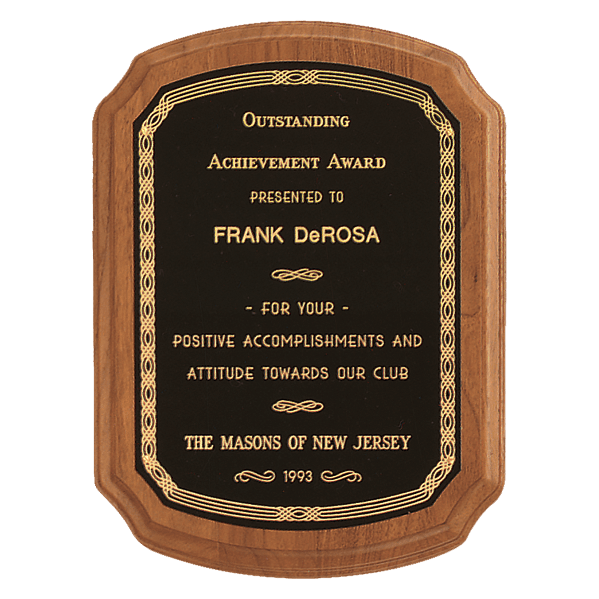 10 1/2" x 13" Coventry Series American Walnut Plaque with Gold Border Laserable Black Brass Plate