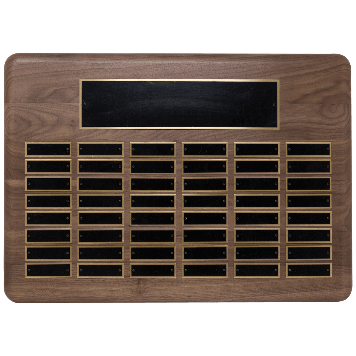 Walnut 48 Plate Perpetual Plaque with Black Brass 15" x 21"/Plates 7/8" x 2 3/4" American Plated Steel Plates