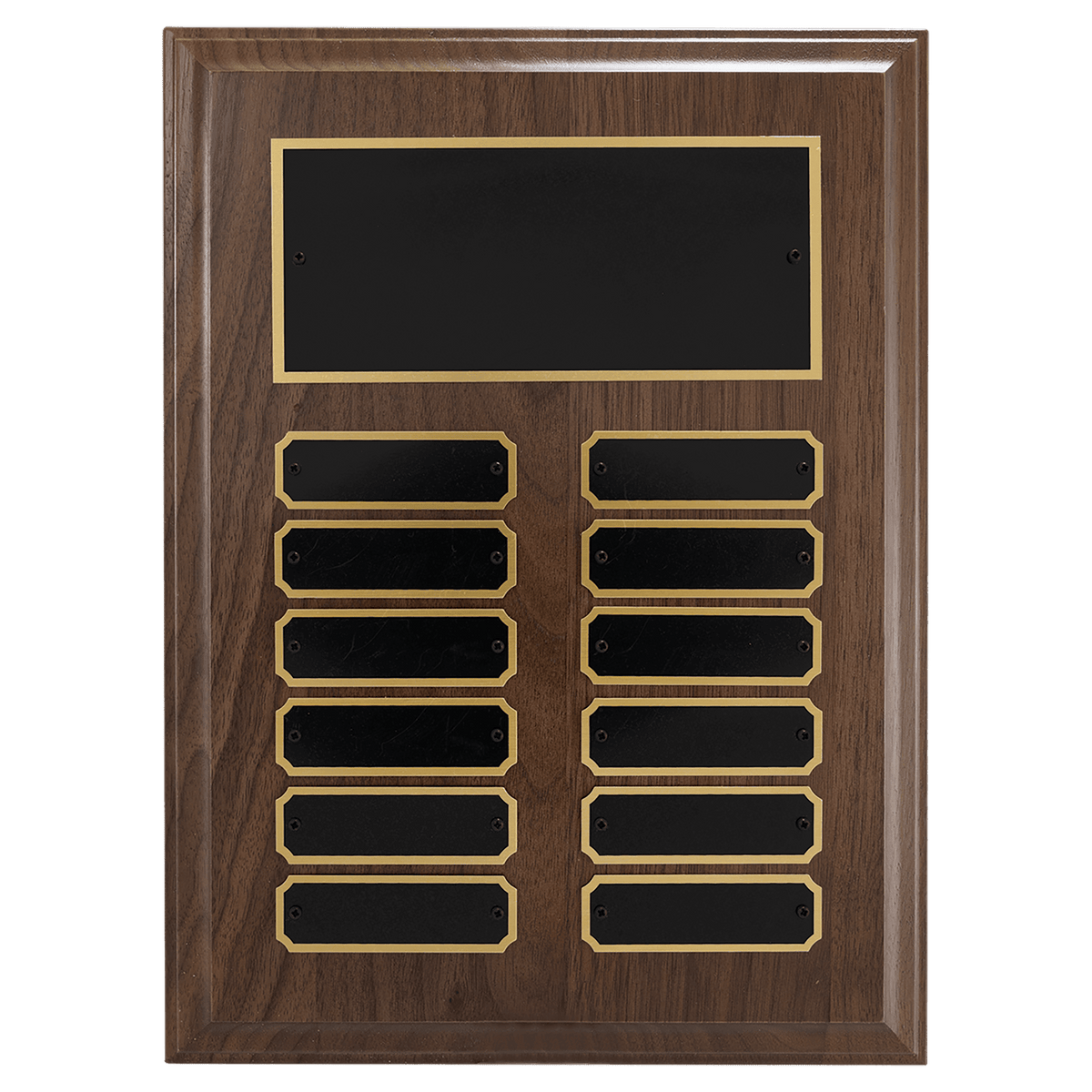 9" x 12"/Plates 7/8" x 2 3/4" Walnut Step-Edge 12 Plate Perpetual Plaque with Black Brass Plate