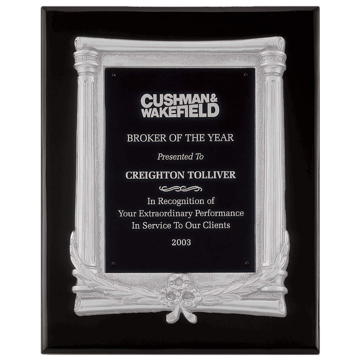 10 1/2" x 13" Black Piano Finish Plaque, Antique Silver Frame Casting & Black Aluminum Plate