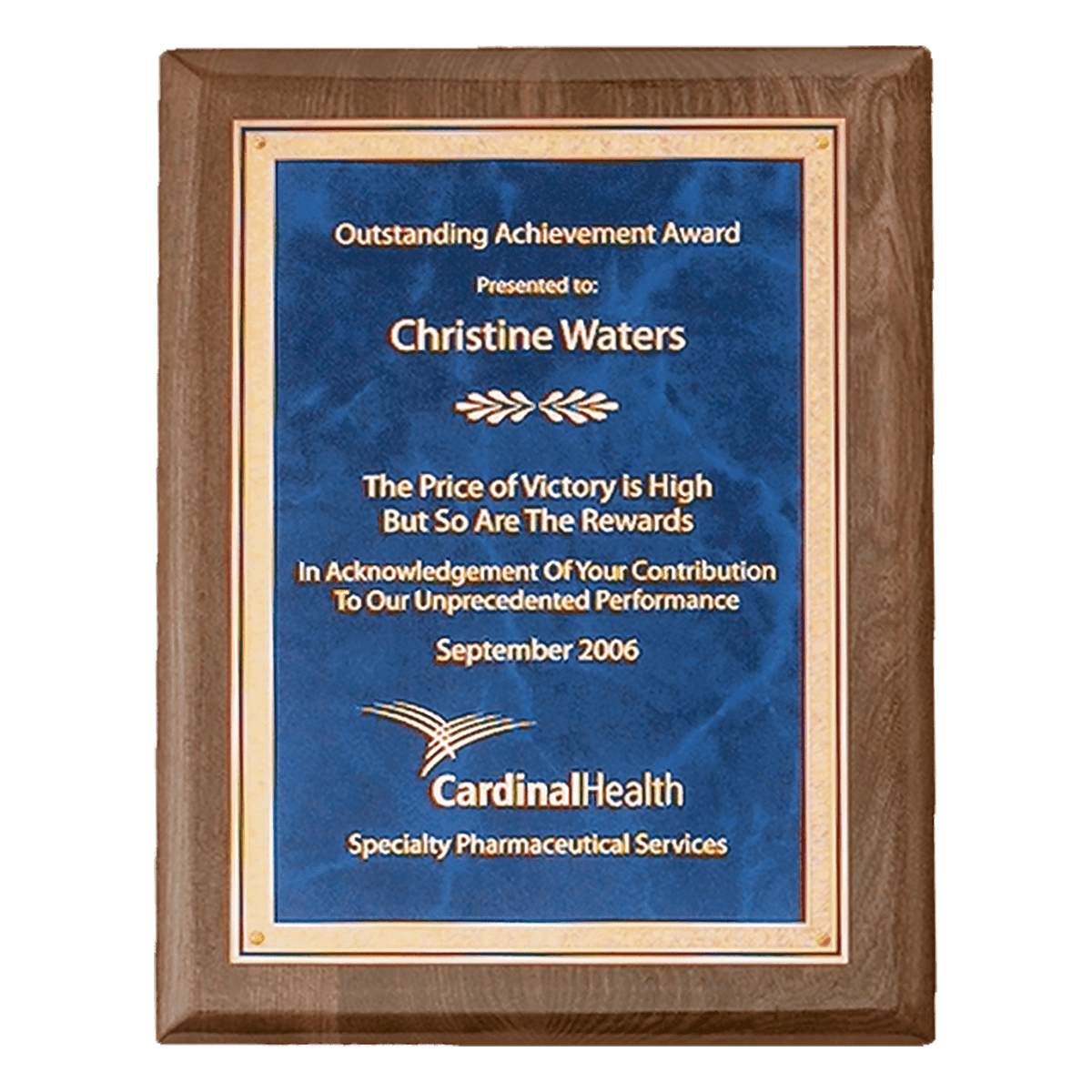 Walnut Piano Finish Plaque with Gold 8" x 10 1/2" Airflyte Premium Florentine Border Sapphire Marble LaserFX Plate