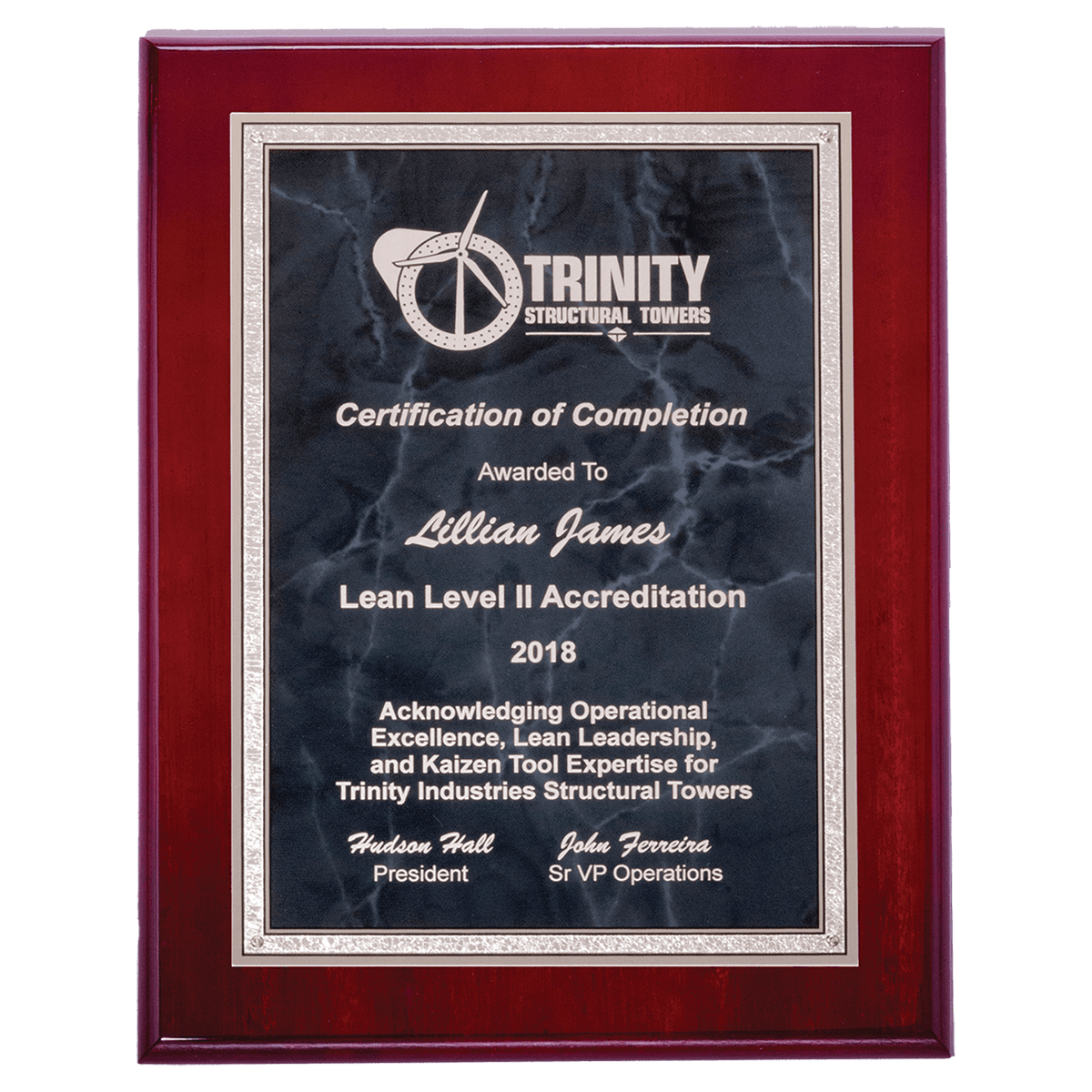 Rosewood High Gloss Plaque with Gray Marble/Silver 7" x 9" Airflyte Florentine Border Plate