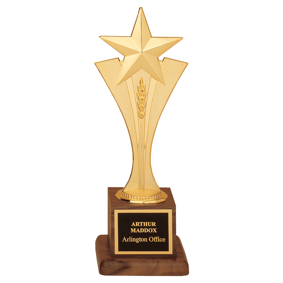 3 1/2" x 10" Modern Goldtone Star Casting on a Walnut Finish Base with Laserable Black Brass Plate