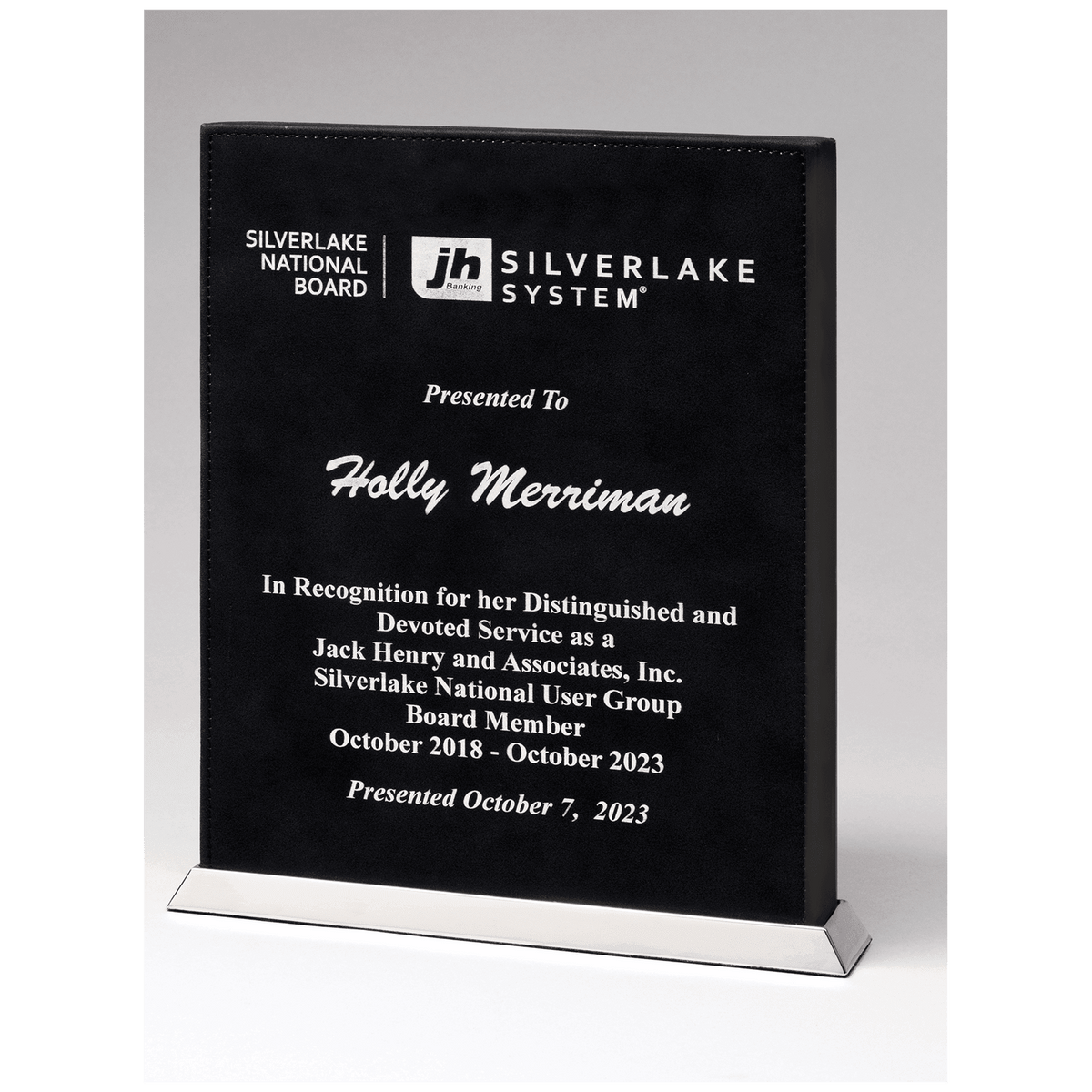 7 1/2" x 10" Black/Silver Laser Leather Desktop Plaque with Chrome Plated Base