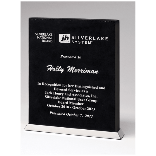 7 1/2" x 10" Black/Silver Laser Leather Desktop Plaque with Chrome Plated Base