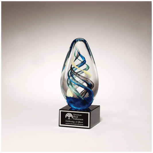 7 1/8" Egg Shaped Colored Art Glass on Black Glass Base with Black Laserable Aluminum Plate