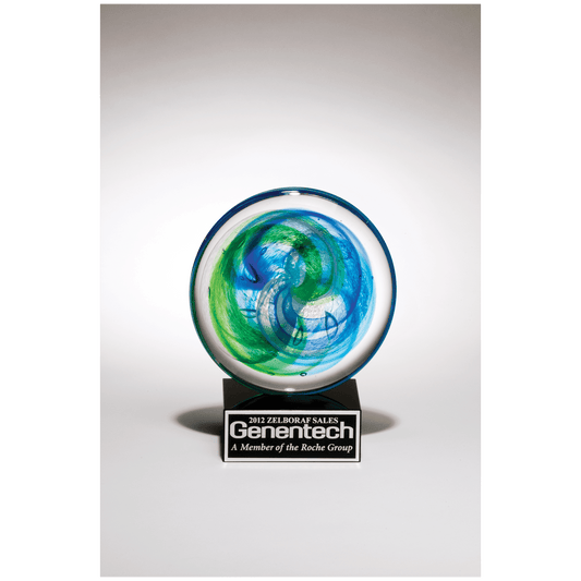 7 1/4" Disk Art Glass with Blue and Light Green Accent on Black Glass Base with Black Laserable Aluminum Plate