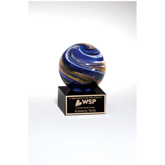 5" Globe with Blue, White and Gold Metallic on Black Glass Base with Black Laser Aluminum Plate