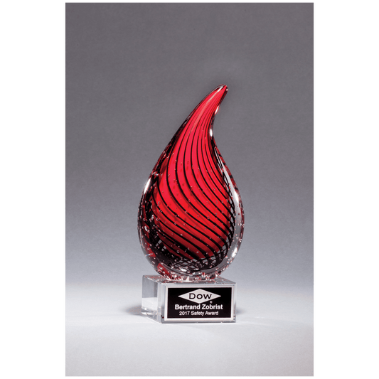 7 1/2" Red Teardrop Art Glass on Clear Glass Base with Black Laserable Aluminum Plate
