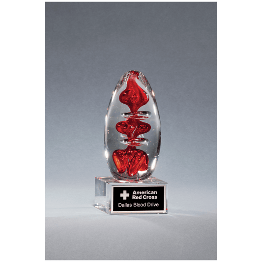 5 1/4" Red Egg Shaped Art Glass on Clear Glass Base with Black Laserable Aluminum Plate