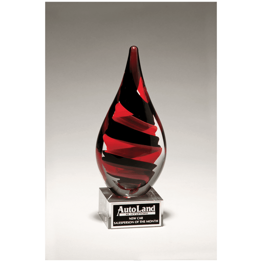 8" Black and Red Helix Teardrop on Clear Glass Base with Black Laserable Aluminum Plate