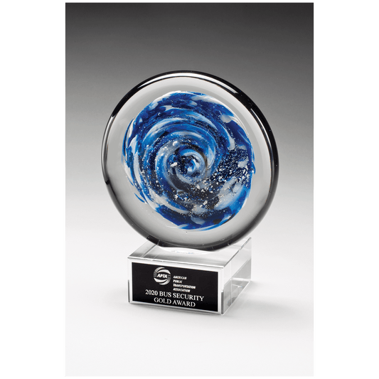 7" Blue and White Disc Art Glass on Clear Glass Base with Black Laserable Aluminum Plate