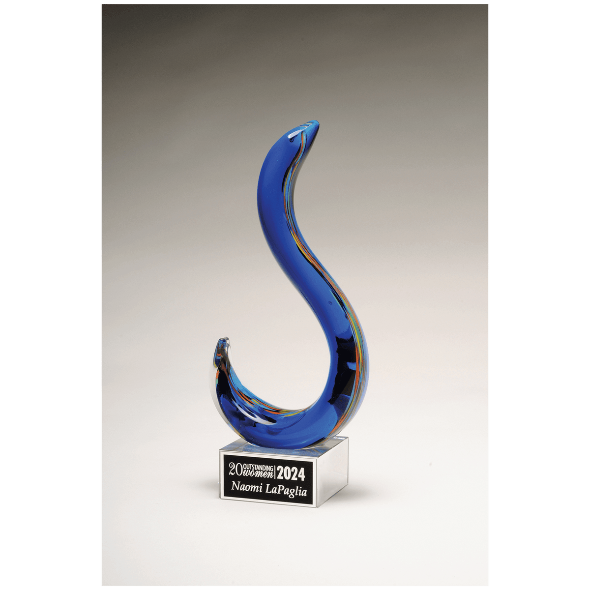 11" Modern Swan Design Art Glass on Clear Glass Base with Black Laserable Aluminum Plate