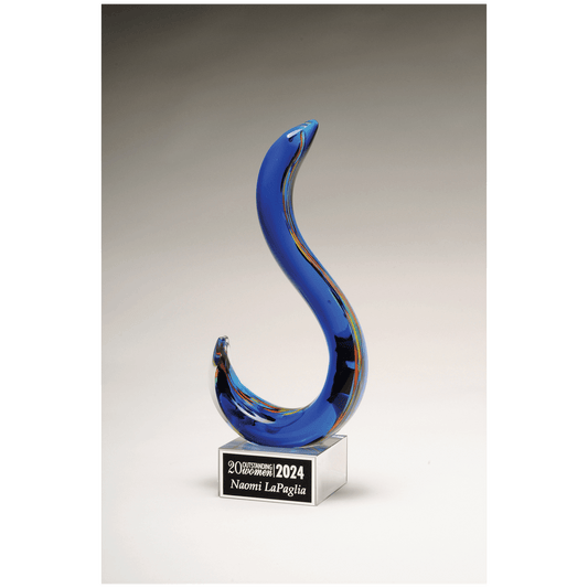 11" Modern Swan Design Art Glass on Clear Glass Base with Black Laserable Aluminum Plate