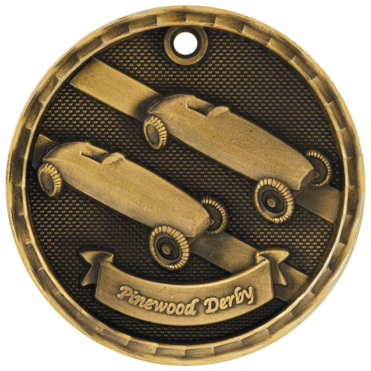 Antique Gold 2" 3D Pinewood Derby Medal