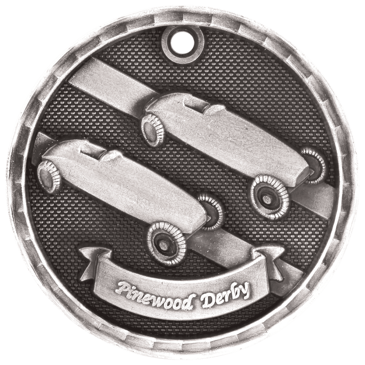 Antique Silver 2" 3D Pinewood Derby Medal