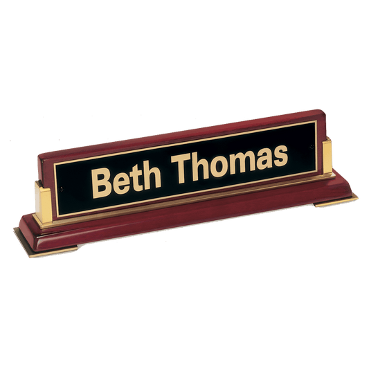 10 5/8"x 2 3/4 x 2 1/2 Rosewood Piano Finish Nameplate and Gold Metal Accents with Black Plate