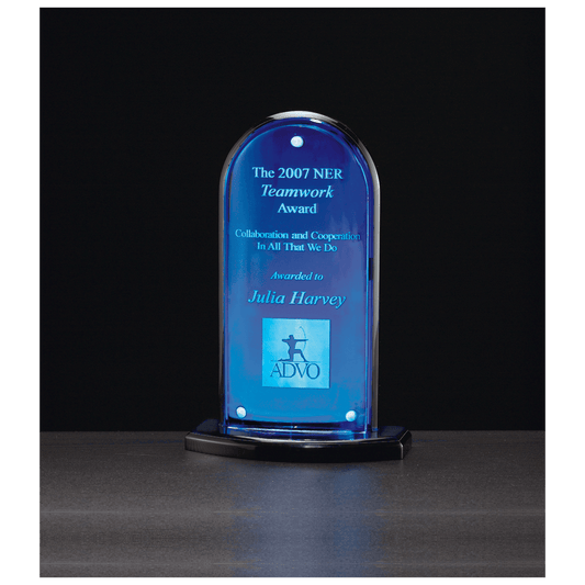 5" x 8" Arch Series Acrylic, Blue Mirror Upright, Black Base with Convex Acrylic Front