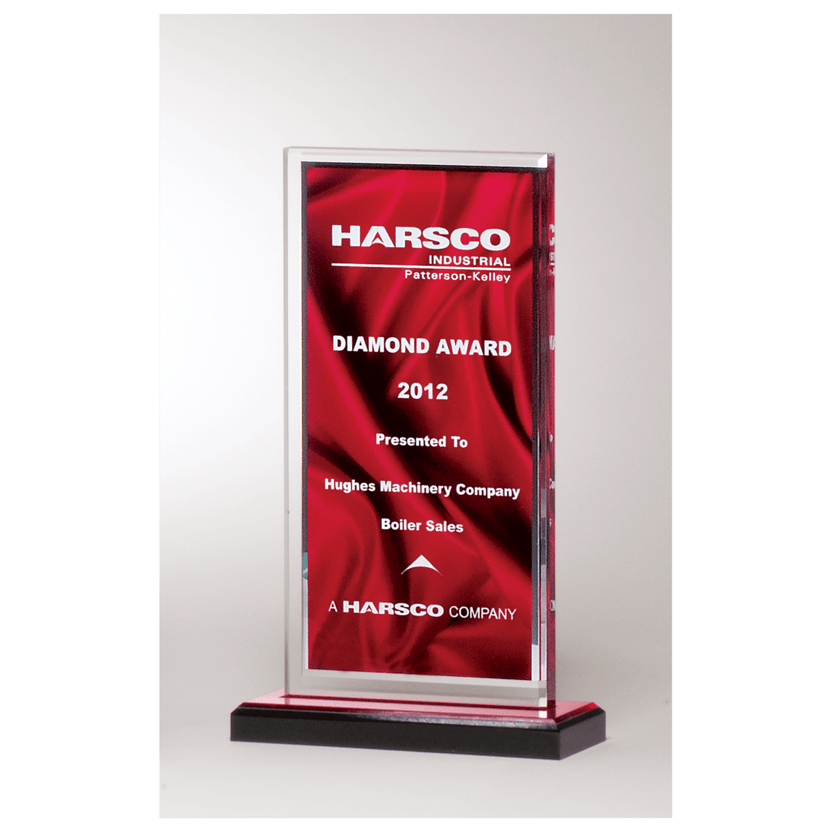 5 x 8 1/2" Deep Red Draped Satin Patterned Acrylic with Silver Mirror Border, Black with Red Top Base