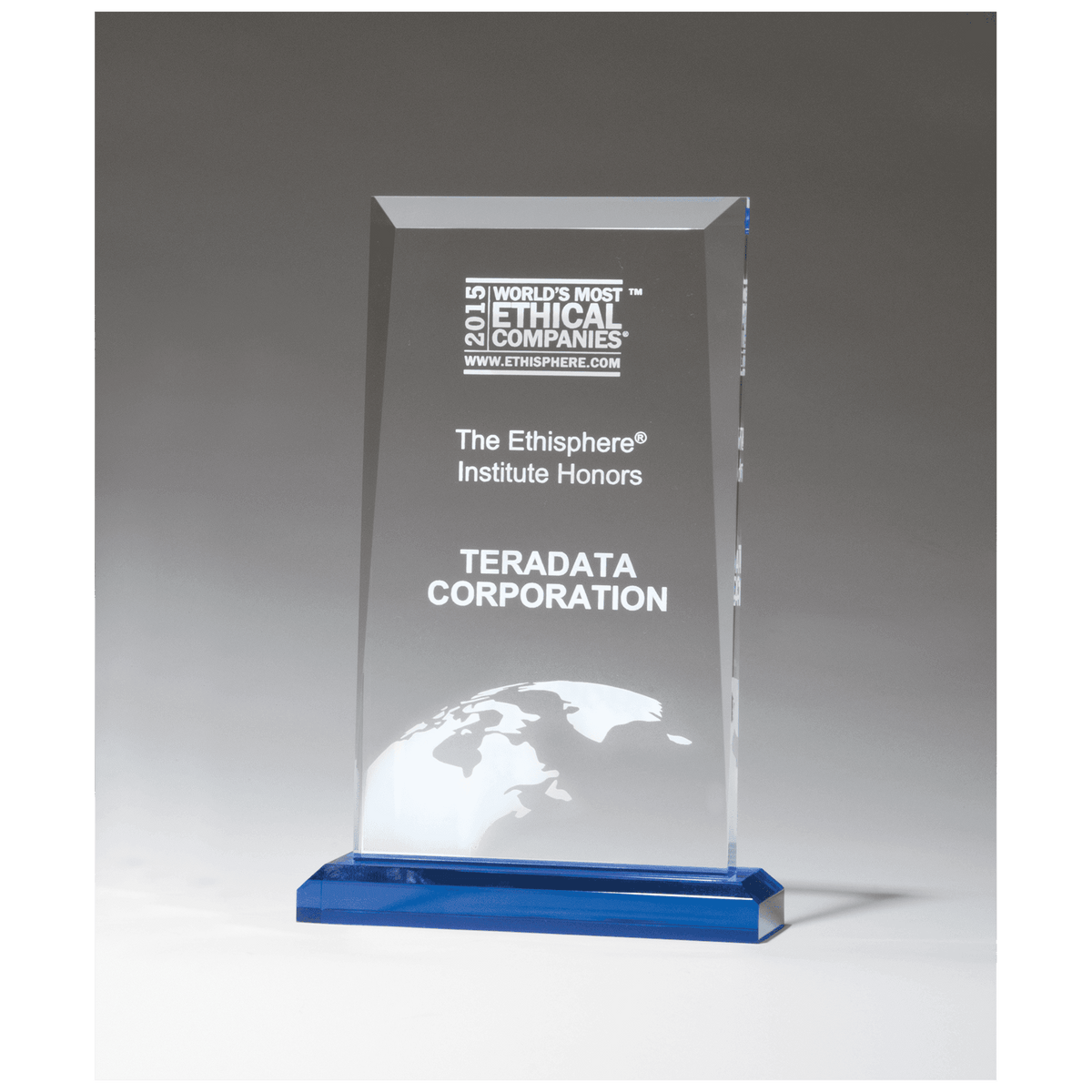 Clear Acrylic Award with Blue Highlights and Blue 5" x 7 3/4" Apex Series Base