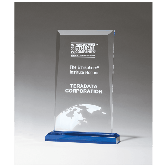 Clear Acrylic Award with Blue Highlights and Blue 5 1/2" x 8 3/4" Apex Series Base