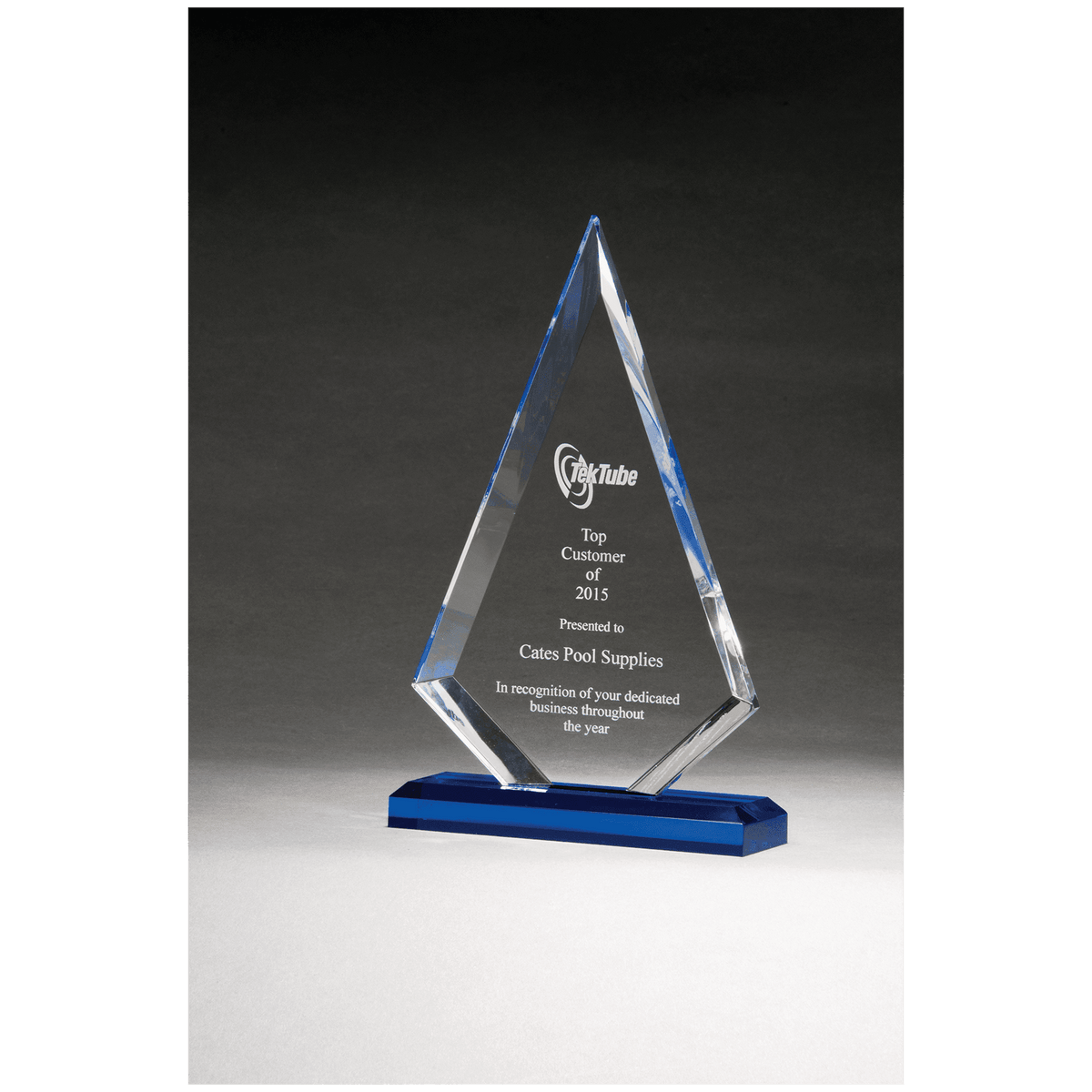 6" x 9 1/2" Arrow Series Clear Acrylic with Blue Highlights and Blue Base