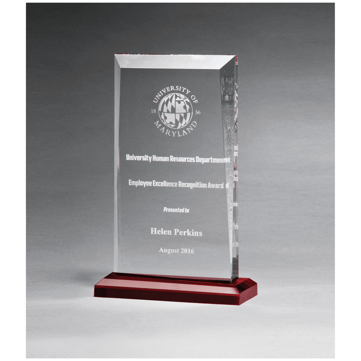 Clear Acrylic Award with Red Highlights and Red 5" x 7 3/4" Apex Series Base