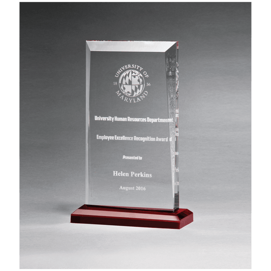 Clear Acrylic Award with Red Highlights and Red 5" x 7 3/4" Apex Series Base