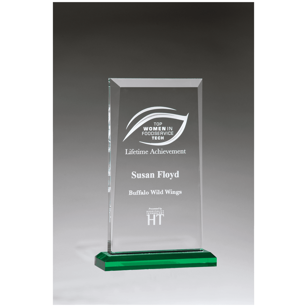 5 1/2" x 8 3/4" Apex Series Acrylic Award with Green Highlights and Green Base