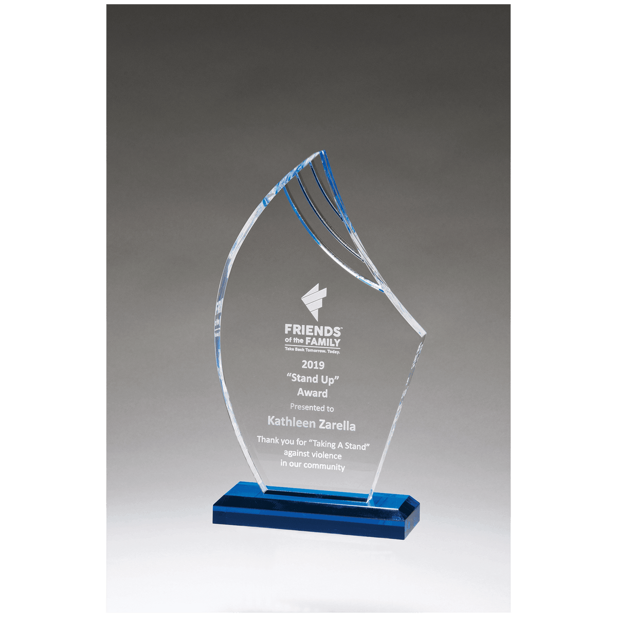 4 1/4" x 7 3/4" Flame Series Clear Acrylic with Blue Accents and Matching Blue Acrylic Base