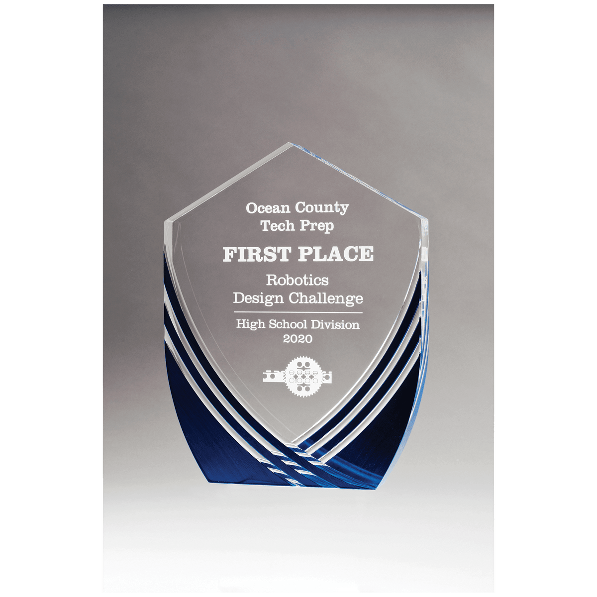 7 3/8" x 9 1/2" Shield Series Clear Acrylic with Polished Score Lines and Blue Metallic Accent