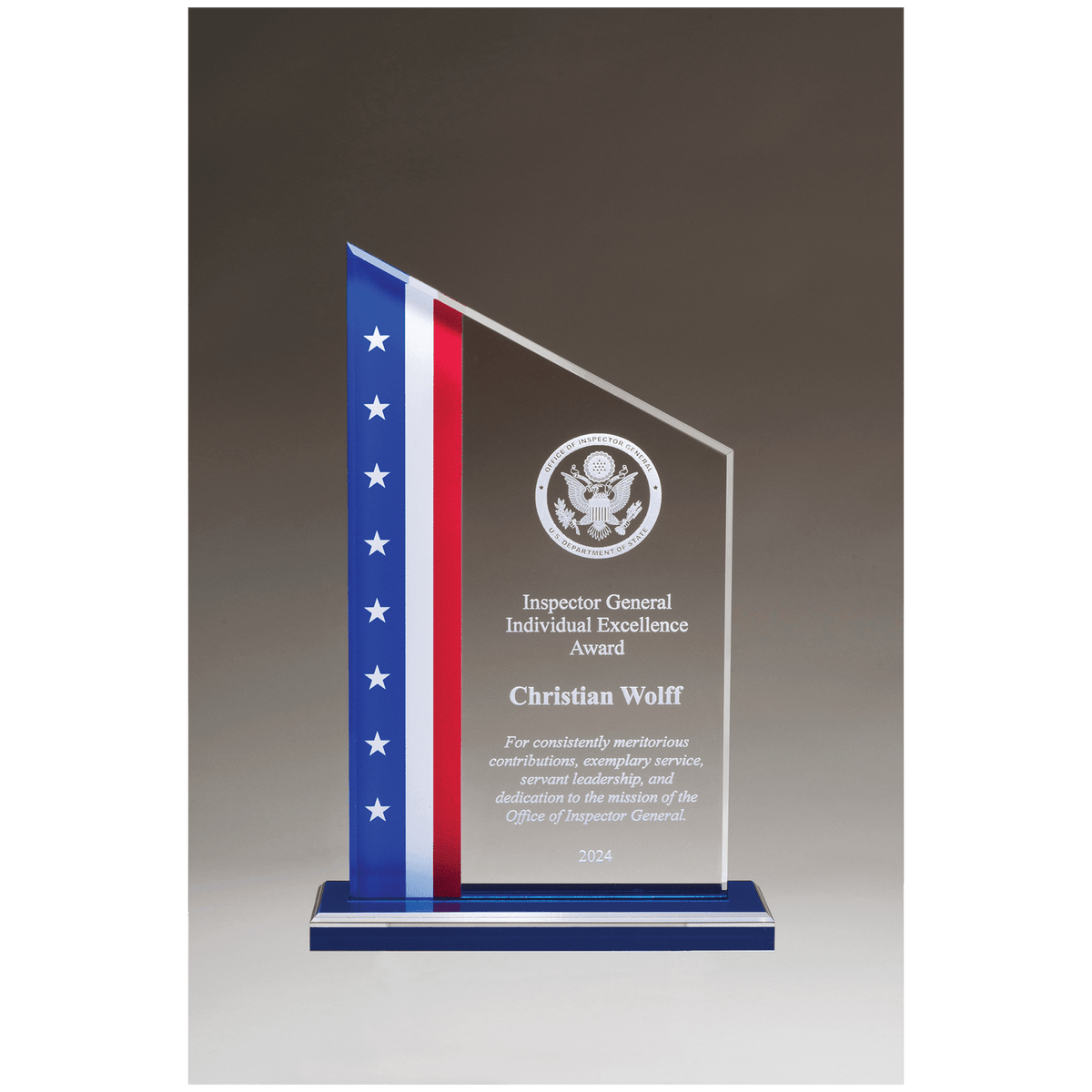 6" x 8 3/4" Zenith Series Acrylic with American Flag Design, Blue Mirror Top Blue Base
