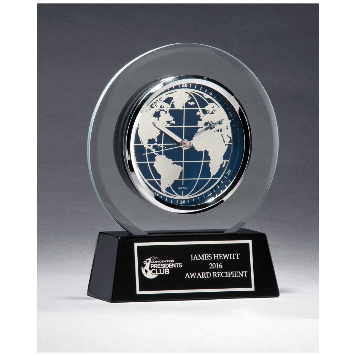 7 1/4" x 8 3/4" Glass Clock with World Dial on Black High Gloss Base, Black Plate