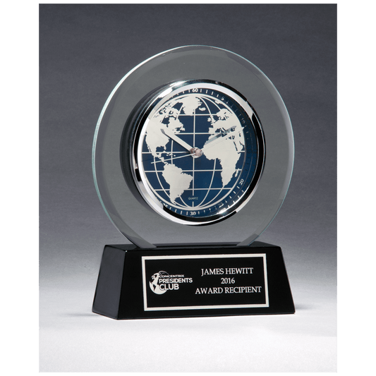 7 1/4" x 8 3/4" Glass Clock with World Dial on Black High Gloss Base, Black Plate