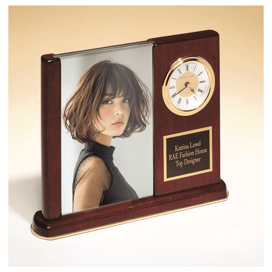 6 3/4" x 8 1/2" Rosewood Piano Finish Clock with Glass Picture Frame/Black Plate