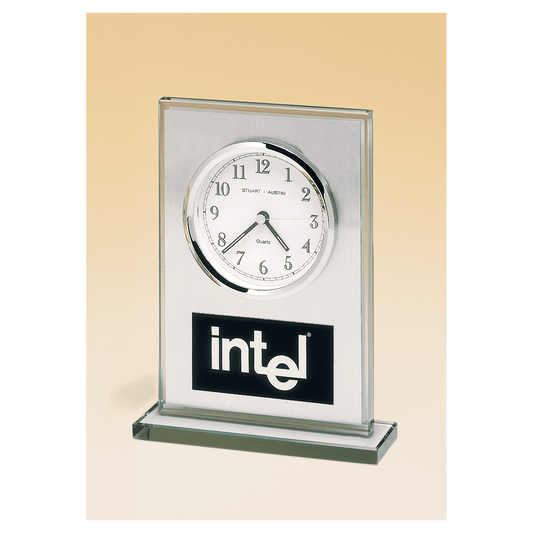 7 1/4" x 4 7/8" Glass Clock, Brushed Aluminum Panel, White Dial and Black Aluminum Plate