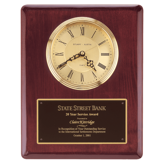Rosewood Piano Finish Clock, Waterfall Bezel with Glass Lens,Gold 10 1/2" x 13" Dial, Plate