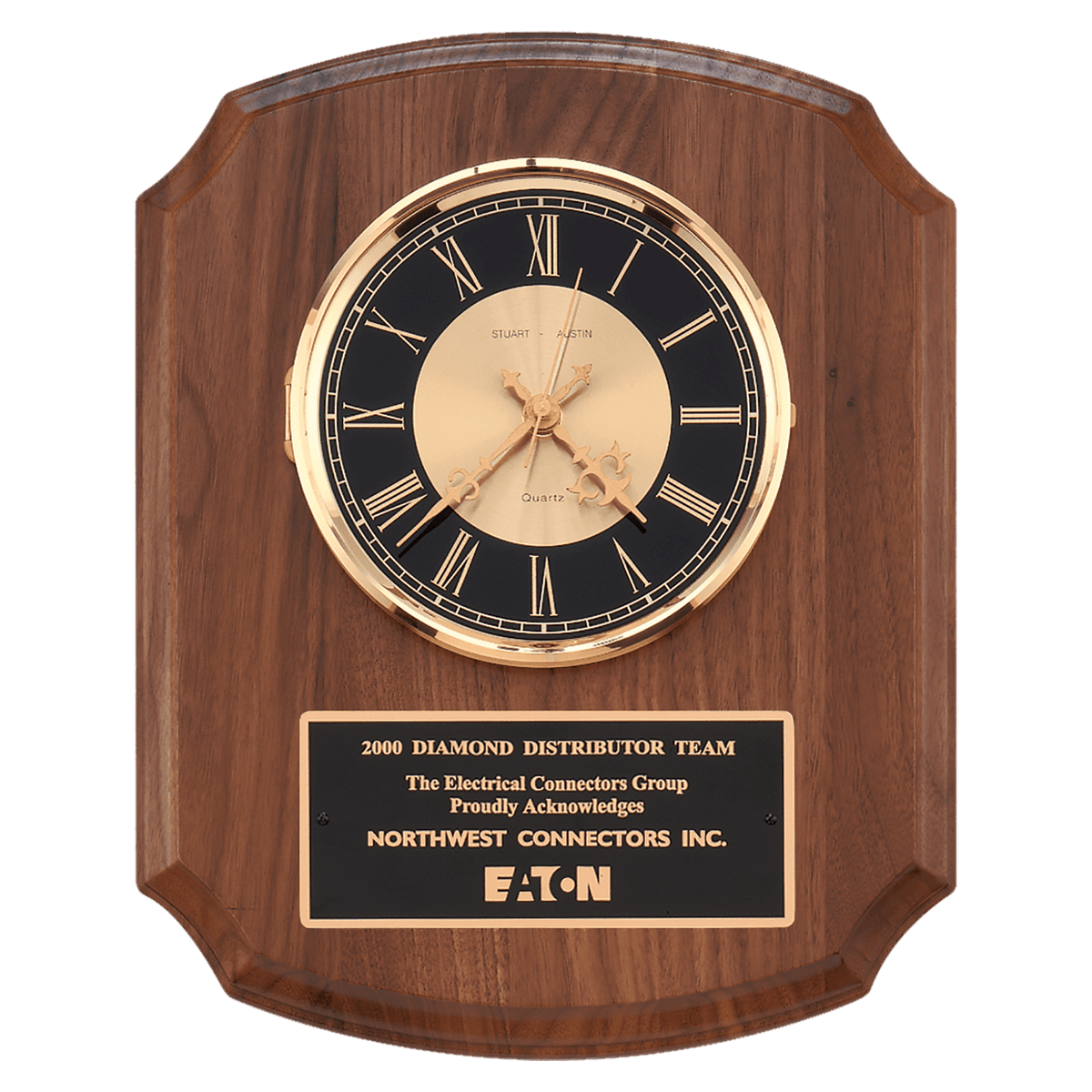 10 1/2" x 13" Walnut Quartz Clock, Brass Diamond Spun Bezel, Glass Lens, Black & Gold Dial