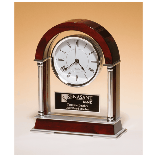 8 1/2" x 10 1/2" Rosewood Piano Finish Mantle Clock, Chrome Plated Posts, Silver Accents with Black Plate