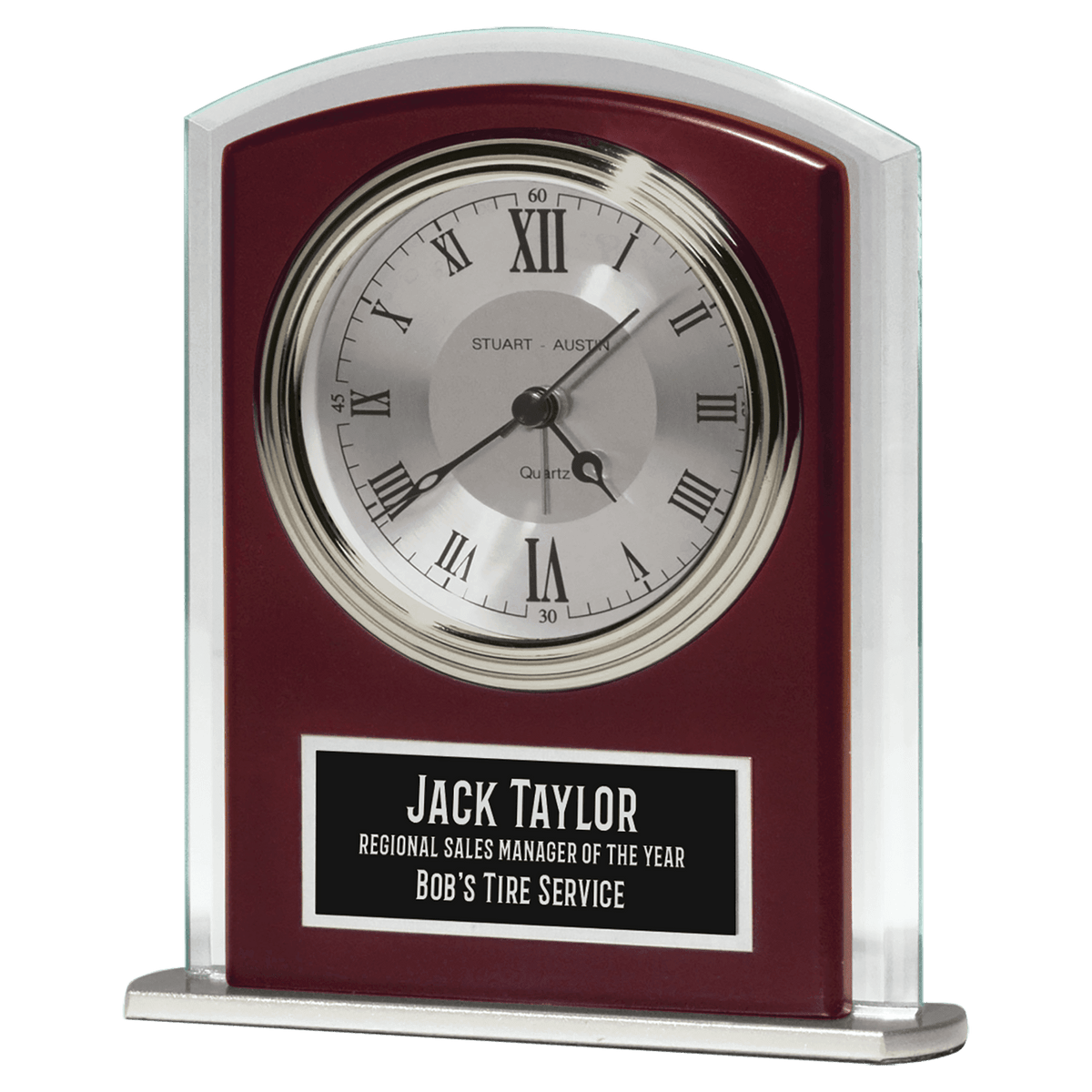 5 1/2" x 6 1/2" Beveled Glass with Wood Accent, Silver Bezel and Dial, 3 Hand Movement with Black Plate