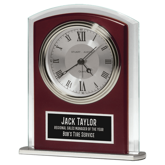 5 1/2" x 6 1/2" Beveled Glass with Wood Accent, Silver Bezel and Dial, 3 Hand Movement with Black Plate
