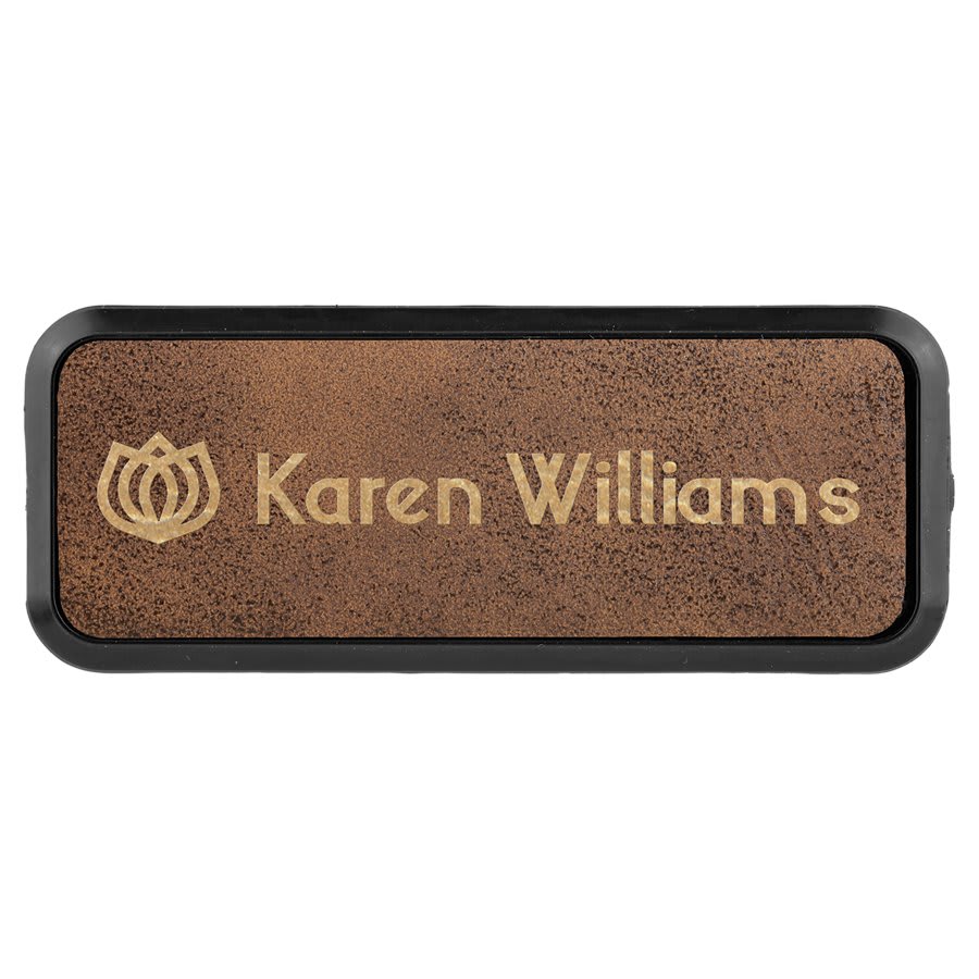 Rustic/Gold 3" x 1" Laserable Leatherette Round Corner Badge & Frame