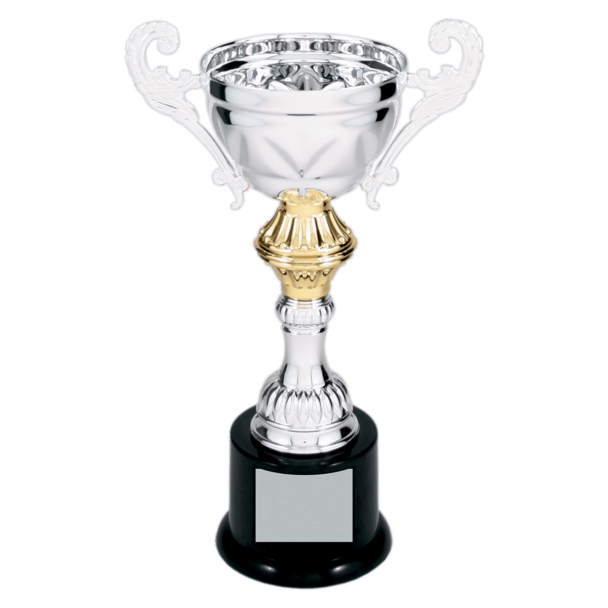 Silver 8 3/4" Completed Metal Cup Trophy on Plastic Base