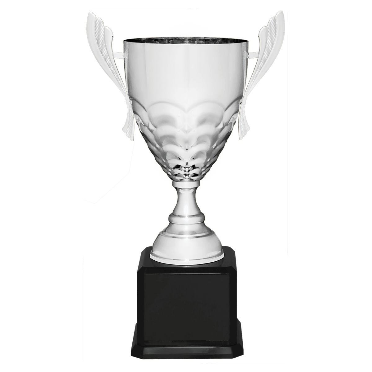 Silver Completed Metal Cup Trophy on Black Royal 21" Piano Finish Base