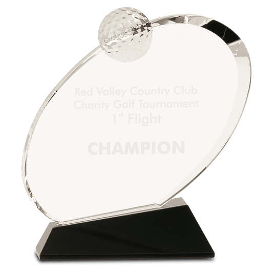7 1/4" Clear Crystal Oblong Golf Award on Black Crystal Base
